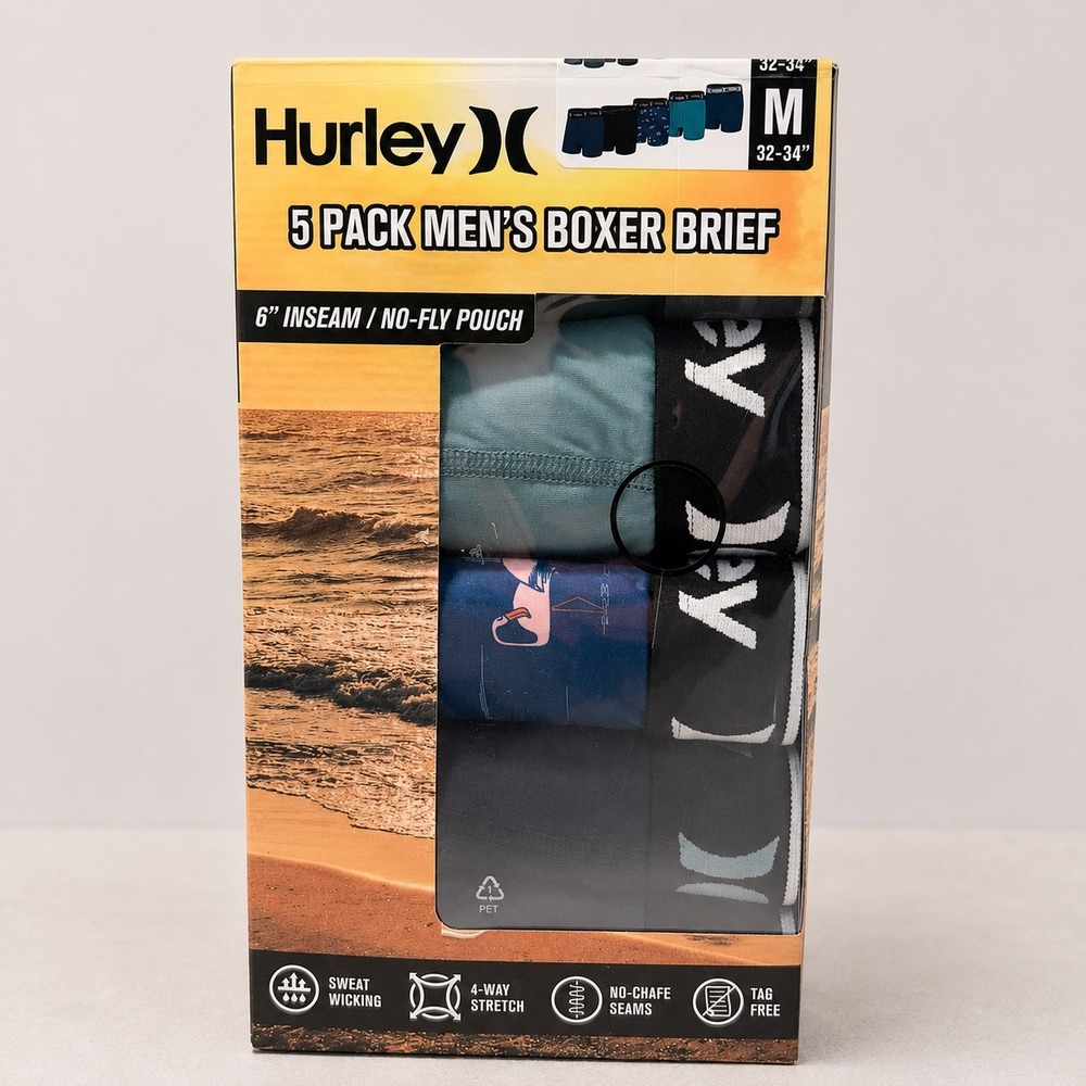 Hurley 5 Pack Boxer Briefs (M 32-34) No Fly Pouch Sweat Wicking Stretch Tagless